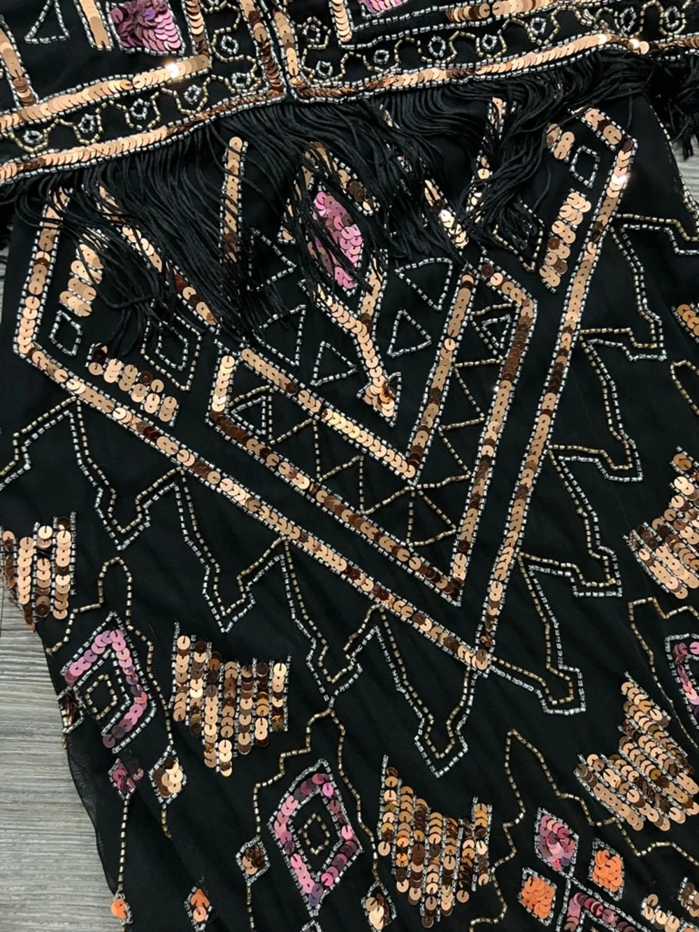 RARE Y2K ASOS design Black Sequin Fringe Maxi Dress with Pink & Rose Accents#A10 - Picture 6 of 16